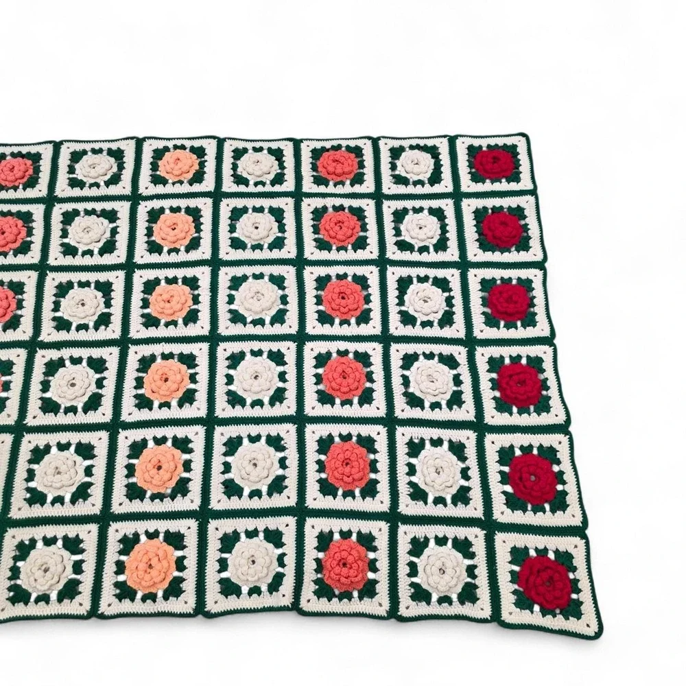 Handmade Crochet Knit Throw Granny Blanket 3D Afghan Roses Square Floral Cottage